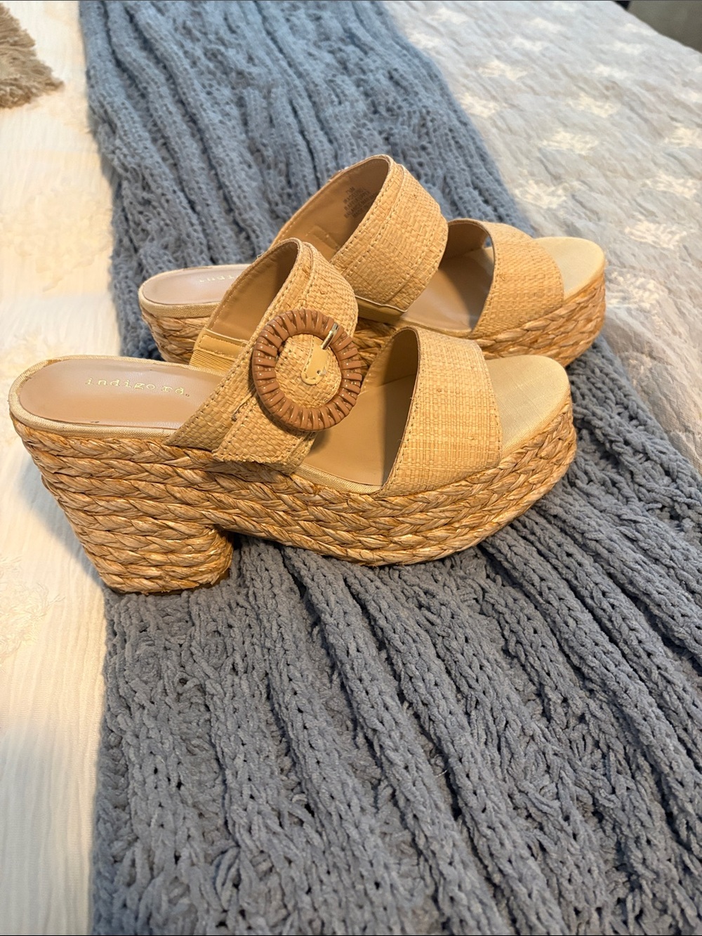 Indigo Woven Tan Platform Wedge Sandals with Buckle